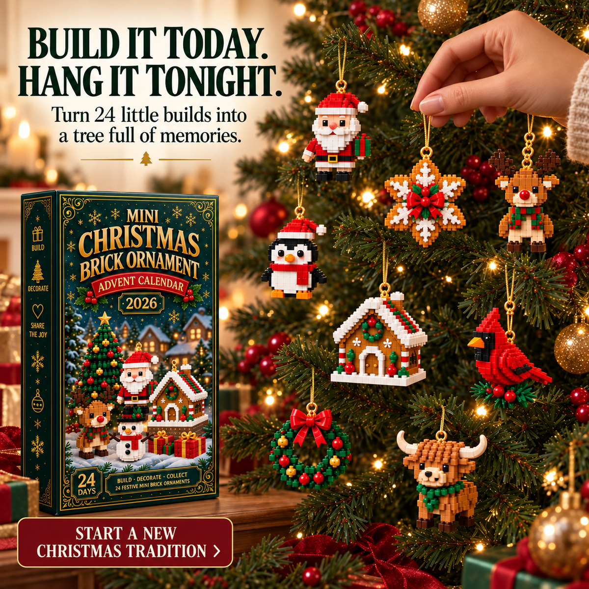 🎄🧱 SVOZK® Build & Hang Christmas Countdown – 24 Mini Holiday Brick Ornaments
